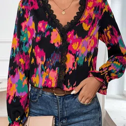 StyleCast Black & Pink Abstract Printed V-Neck Puff Sleeve Top-picture-37
