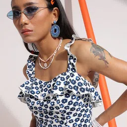 Veni Vidi Vici Blue & White Floral Printed Frilled Tie Back Top-image-52