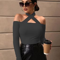 BAESD Ribbed Halter Neck Cold-Shoulder Sleeves Fitted Top-picture-2