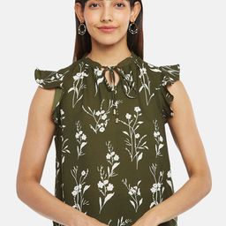 Annabelle by Pantaloons Olive Green Floral Print Tie-Up Neck Top-picture-1