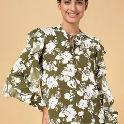 Annabelle by Pantaloons Floral Print Cuffed Sleeves Ruffle Detail Tie-Up Neck Top-picture-29