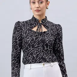 Style Quotient Abstract Printed Puff Sleeves Tie-Up Neck Regular Top-image-0
