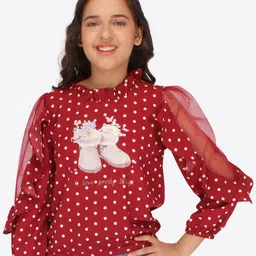 CUTECUMBER Girls Polka Dot Printed Puff Sleeves Applique Blouson Top-picture-19