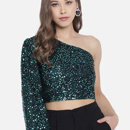 Trend Arrest Embellished One Shoulder Puff Sleeve Net Crop Top image 1