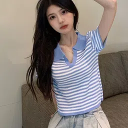 StyleCast Blue Horizontal Striped Shirt Collar Top-image-39