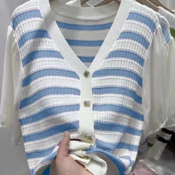 StyleCast Girls Blue Horizontal Striped V-Neck Ribbed Top-picture-10