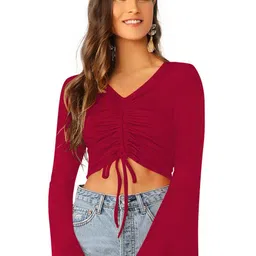 sanjana  silk SANJANA SILK V-Neck Bell Sleeve Ruched Fitted Crop Top image 1