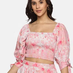 ISU Floral Printed Puff Sleeve Square Neck Smocked Crop Top-image-74
