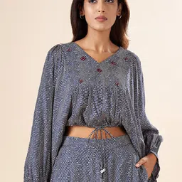 AKKRITI BY PANTALOONS Abstract Printed V-Neck Puff Sleeve Embroidered Crop Top-picture-30