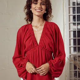 SASSAFRAS Red V-Neck Extended Sleeves Peplum Top-image-62