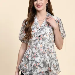 BAESD Floral Printed Lapel Collar Georgette Top image 1
