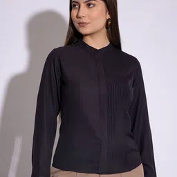 SASSAFRAS worklyf Mandarin Collar Cuffed Sleeves Pleated Shirt Style Top image 1