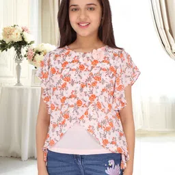 CUTECUMBER Orange Floral Print Applique Georgette Top-picture-39