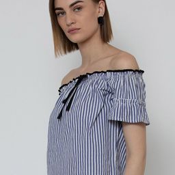 DODO & MOA Women Blue & White Striped Off-Shoulder Bardot Crop Top-picture-37