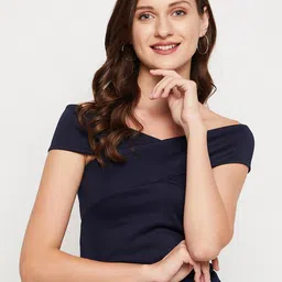 LE BOURGEOIS Navy Blue Solid Off-Shoulder Bardot Top-picture-21