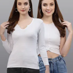 Friskers Women Pack of 2 White Solid Round Neck Cotton Fitted Tops-picture-18