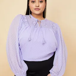 max Plus Size Self Design Tie-Up Neck Puff Sleeve Top-image-7