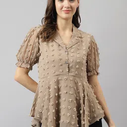 BAESD Shirt Collar Puff Sleeve High-Low Top-picture-20