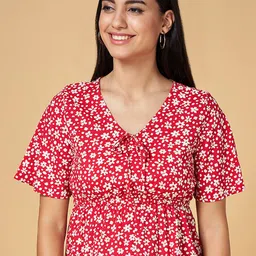 People Floral Printed Flared Sleeve Cinched Waist Top-picture-18
