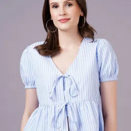 MINGLAY Striped Puff Sleeve Cinched Waist Top-picture-42