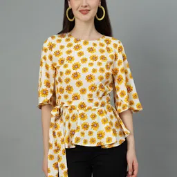 Kotty Floral Print Flared Sleeve Crepe Cinched Waist Top-picture-30