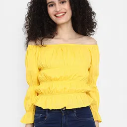 V-Mart Yellow Off-Shoulder Cotton Puff Sleeves Cinched Waist Top-picture-54
