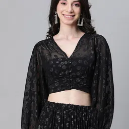 Oxolloxo Geometric Self Design V-Neck Puff Sleeves Gathered Detailed Fitted Crop Top-image-44