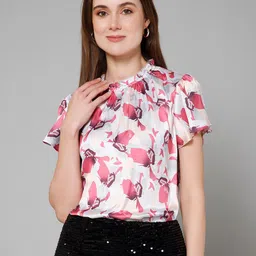 PURYS Floral Printed Flutter Sleeves Ruffles Detailed Satin Top-picture-38