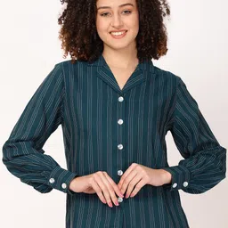 FUTURO Vertical Striped Lapel Collar Cuffed Sleeves Shirt Style Top-picture-48