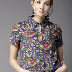 HERE&NOW Blue & Red Ethnic Motifs Shirt Style Top-picture-54
