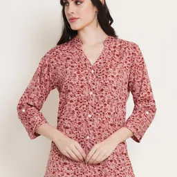 U&F Beyond Floral Printed Mandarin Collar Shirt Style Longline Top-picture-14