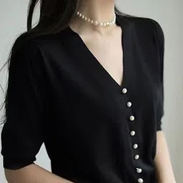 StyleCast x Revolte Black V-Neck Georgette Shirt Style Top-image-99