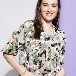 DressBerry Green Abstract Printed Lapel Collar Crepe Shirt Style Top-image-70