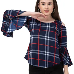 DEGE Blue & Red Checked Cold Shoulder Crepe Top-picture-15