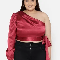 wild U Plus Women Maroon One Shoulder Satin Crop Top-image-34