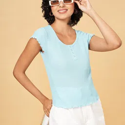 People Blue Round Neck Short Sleeves Cotton Regular Top-picture-27