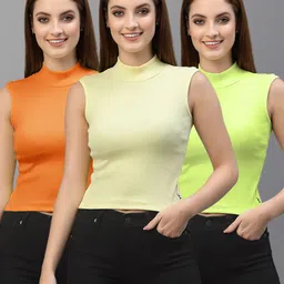 Friskers Pack of 3 Ribbed High Neck Cotton Fitted Crop Tops-picture-24