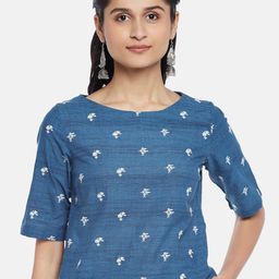 AKKRITI BY PANTALOONS Blue & White Floral Embroidered Pure Cotton Top-picture-13