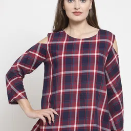 WESTCLO Checked Round Neck Cold-Shoulder Top-picture-30