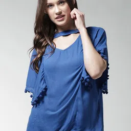 La Zoire Women Blue Solid Choker Neck Regular Top-image-19