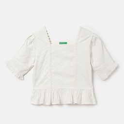 United Colors of Benetton Girls Self Design Square Neck Embroidered Pure Cotton Top-picture-4