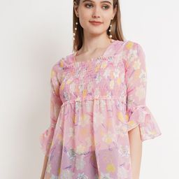 Popwings Pink Floral Print Smocked Chiffon Empire Top-picture-40