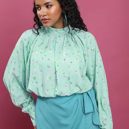 Tokyo Talkies Green Floral Printed High Neck Cuffed Sleeves Regular Top-picture-13
