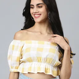 FLAMBOYANT Yellow & White Checked Off-Shoulder Bardot Crop Top-picture-18