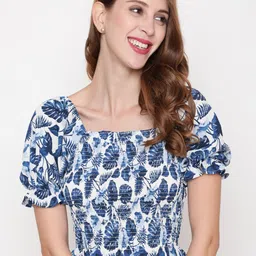 AKIMIA Blue Floral Print Crepe Bardot Crop Top-picture-32