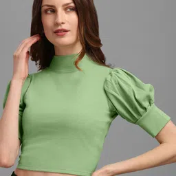 PURVAJA Green Solid High Neck Puff Sleeves Fitted Crop Top-image-40