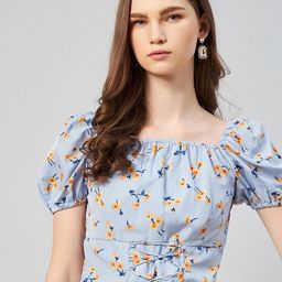 RARE Blue Floral Print Puff Sleeves Crepe Crop Top-picture-42