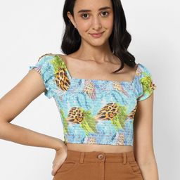 VASTRADO Women Blue & Green Print Smocked Crop Top-picture-1