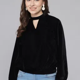 VAARARO Keyhole Neck Velvet Blouson Top-picture-29