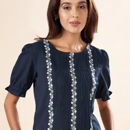 AKKRITI BY PANTALOONS Floral Embroidered Round Neck Puff Sleeves Cotton Regular Top image 1